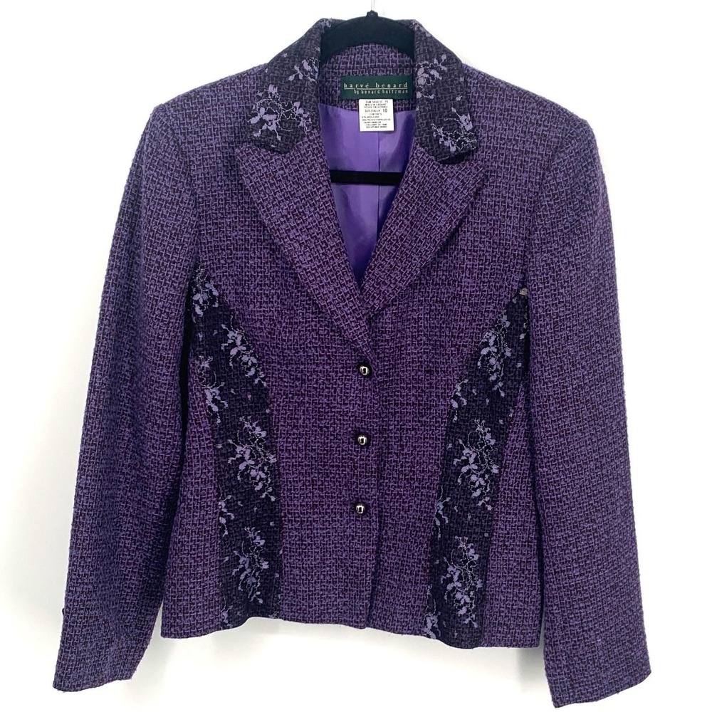 Harvé Benard 10P Purple Wool Tweed Jacket Floral Panels Petite - Picture 2 of 7